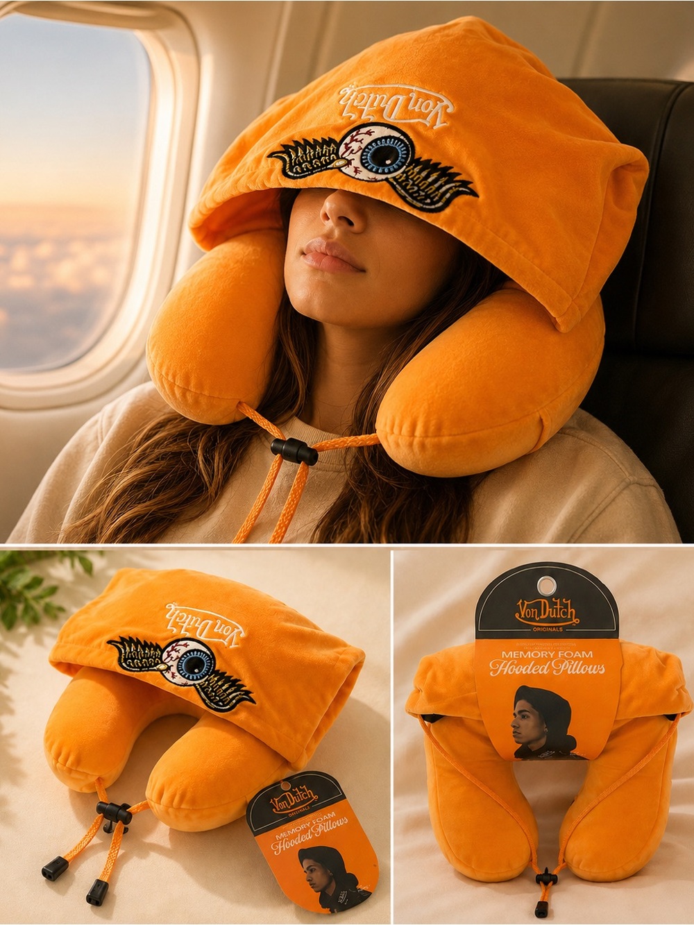 Von Dutch Orange Hooded Memory Foam Travel Pillow with Embroidered Eye
